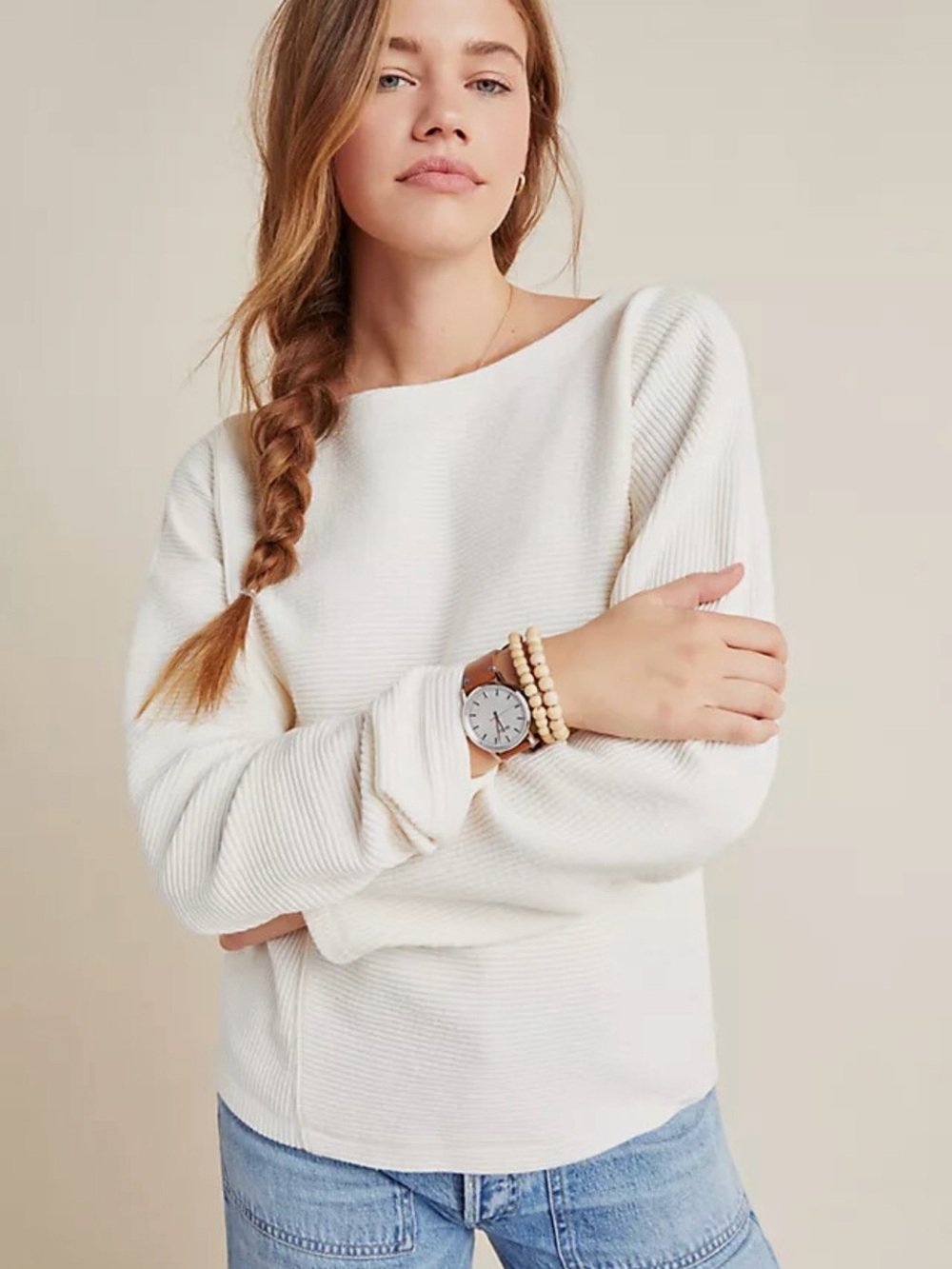 Anthropologie Maeve Cream Ribbed Sweater